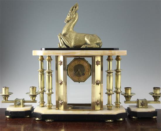 A French bronze, brass and marble Art Deco clock garniture, H.5in.